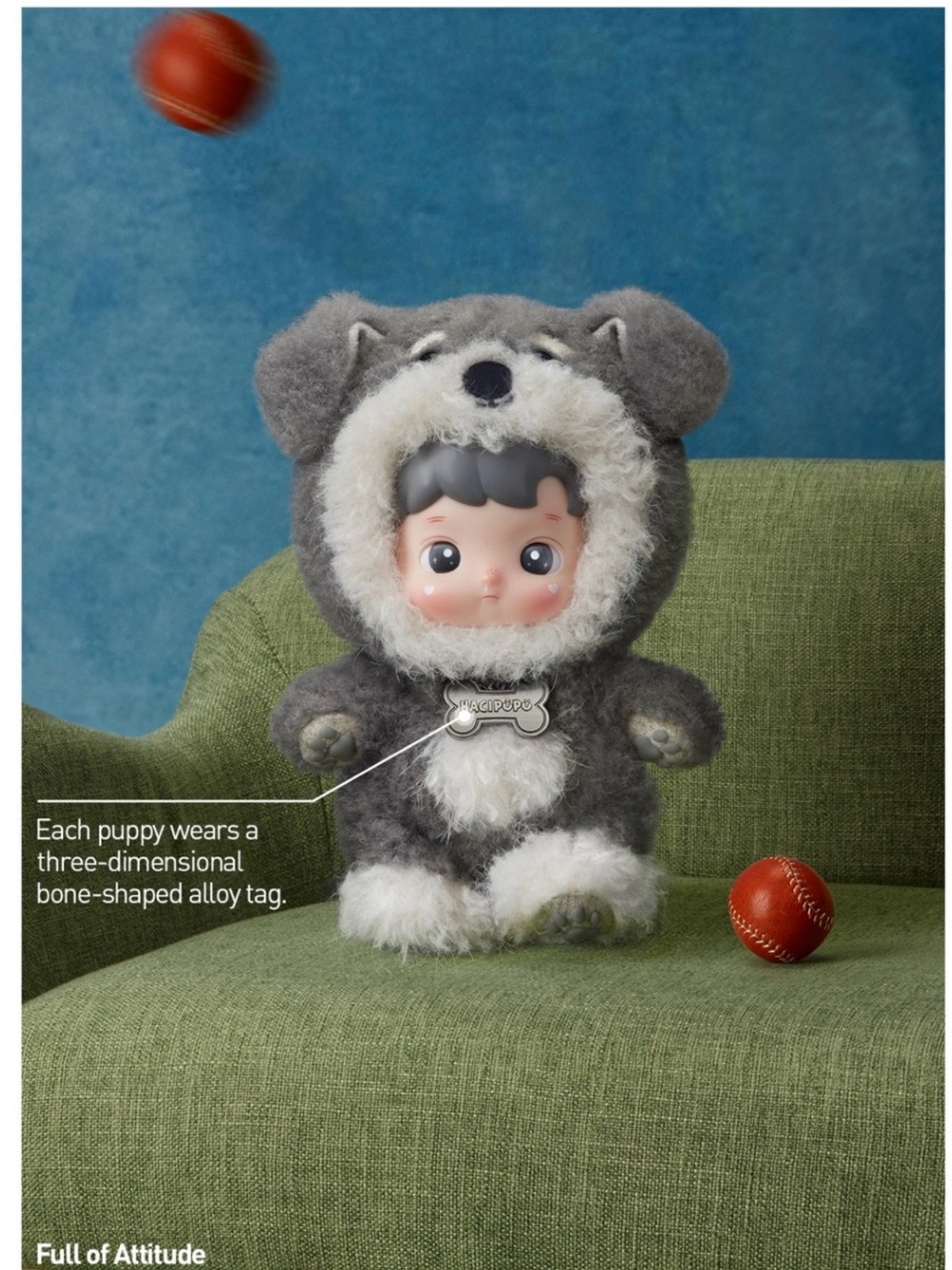 HACIPUPU Plush Doll in Gray & White Faux Fur Costume